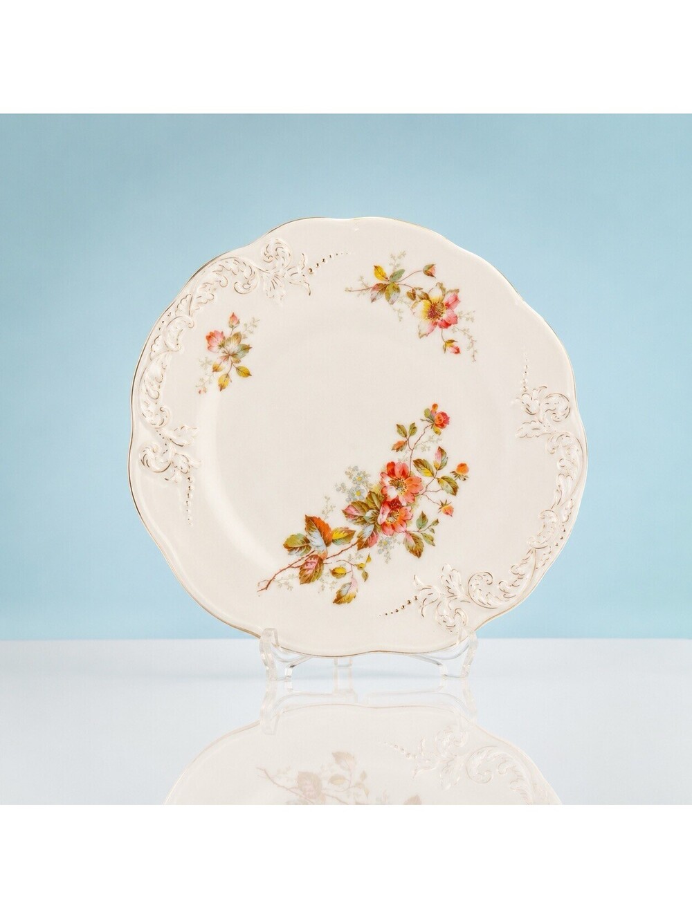 Austria Antique 1900s Set Of 2 Salad Plates Wild Rose Silver Scroll, 8”